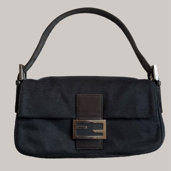 FENDI Baguette Black Cashmere Shoulder Bag Y2K Handbag Crossbody - Picture 1 of 8